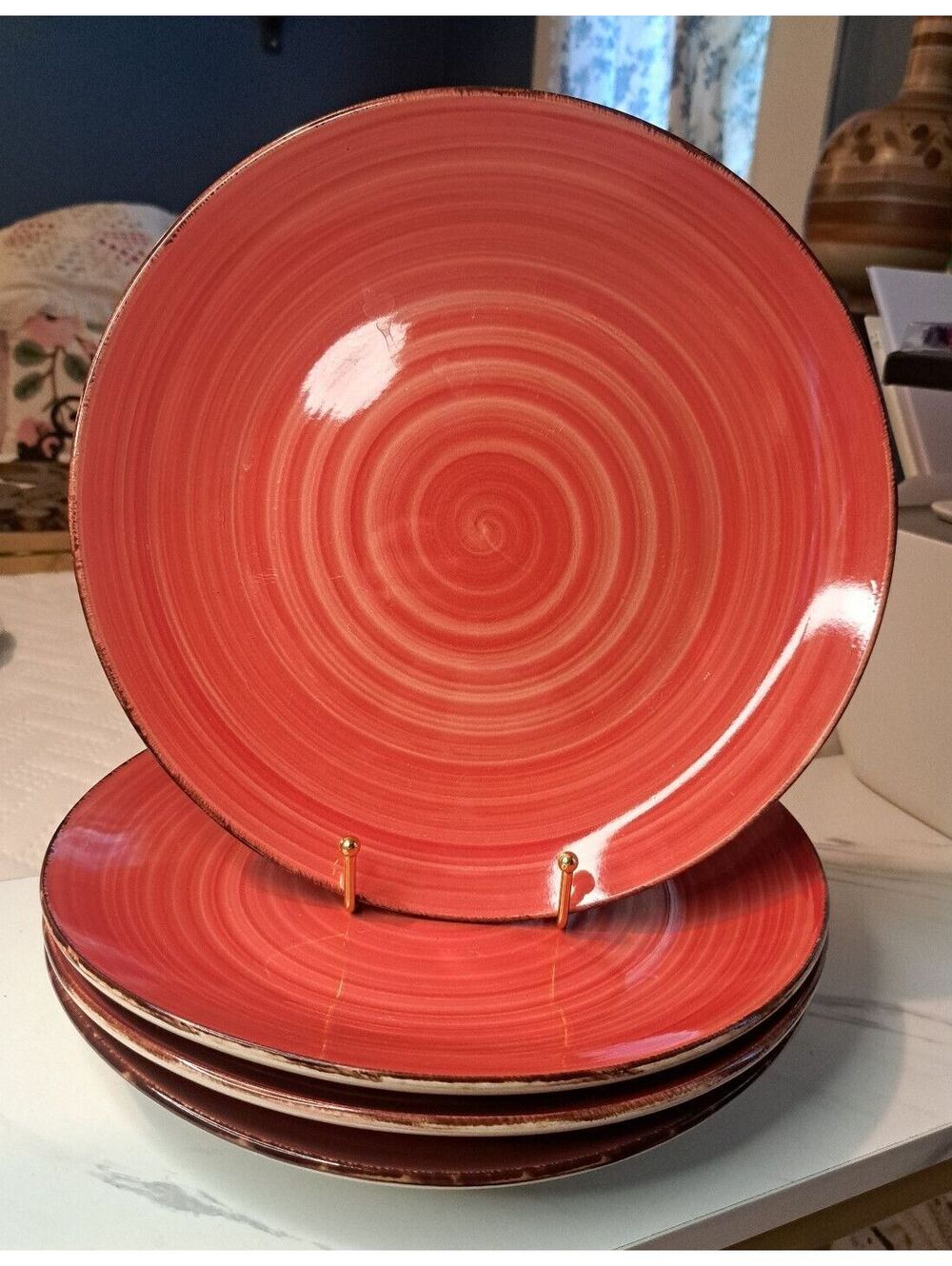 Royal Norfolk Set of 4 Red Swirl Stoneware Dinner Plates NWT 10.5"